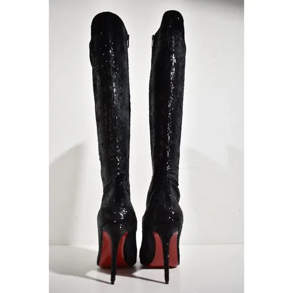 Christian Louboutin Kate Botta 100 Black Velours Papillon Knee Heel Boot 37.5 - Picture 11 of 12